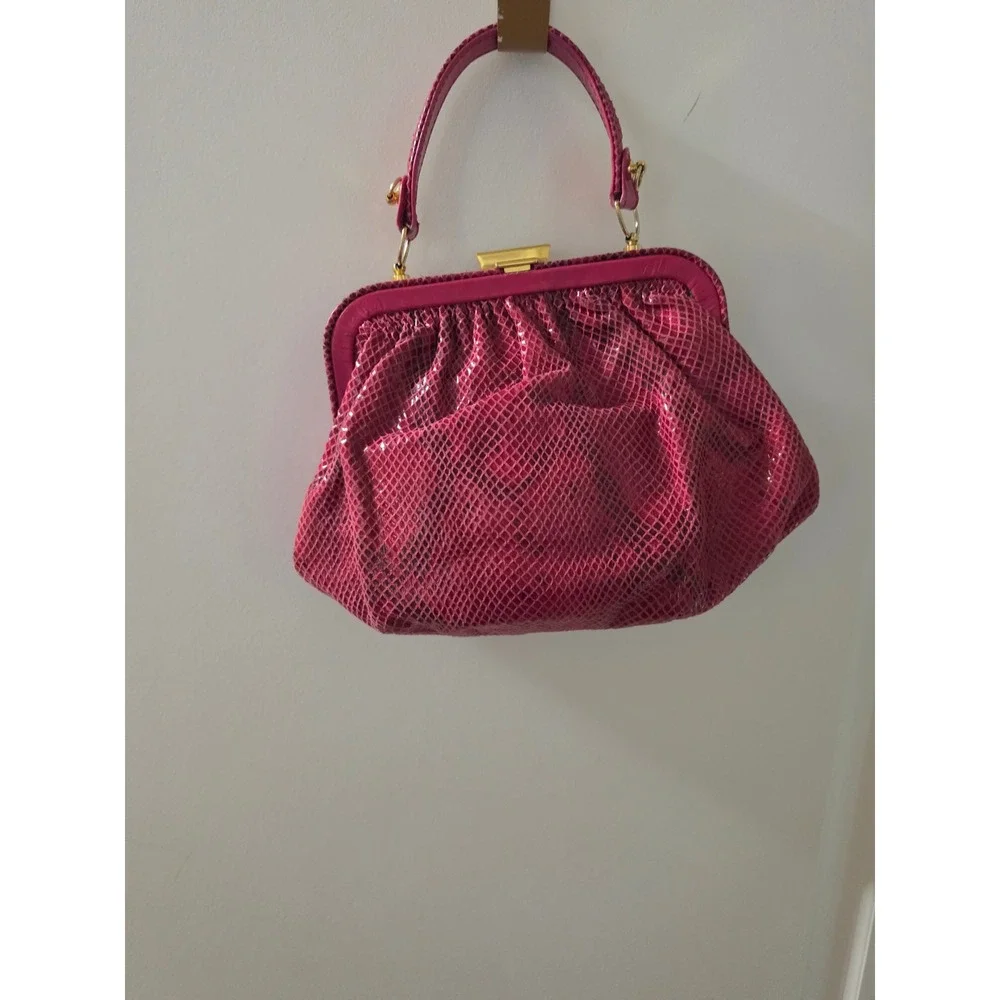 Vintage Style Magenta Faux Snakeskin Frame Handbag Gold Hardware Top Handle Bag
